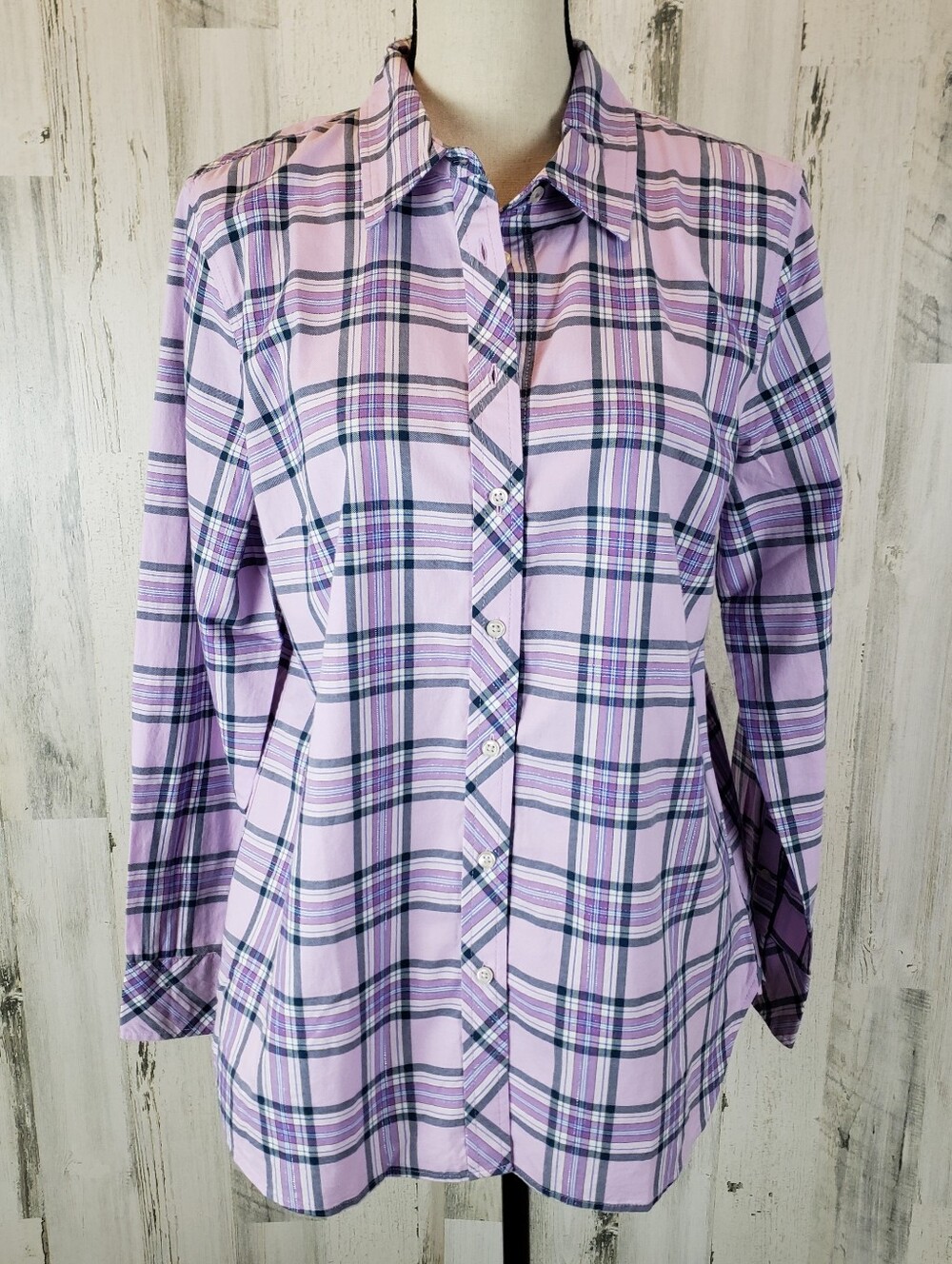 Talbots Lavender Plaid Button-Down Shirt Size Large